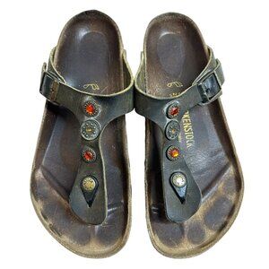 Birkenstock Brown Leather Jeweled Thong Footbed Sandals Size 39